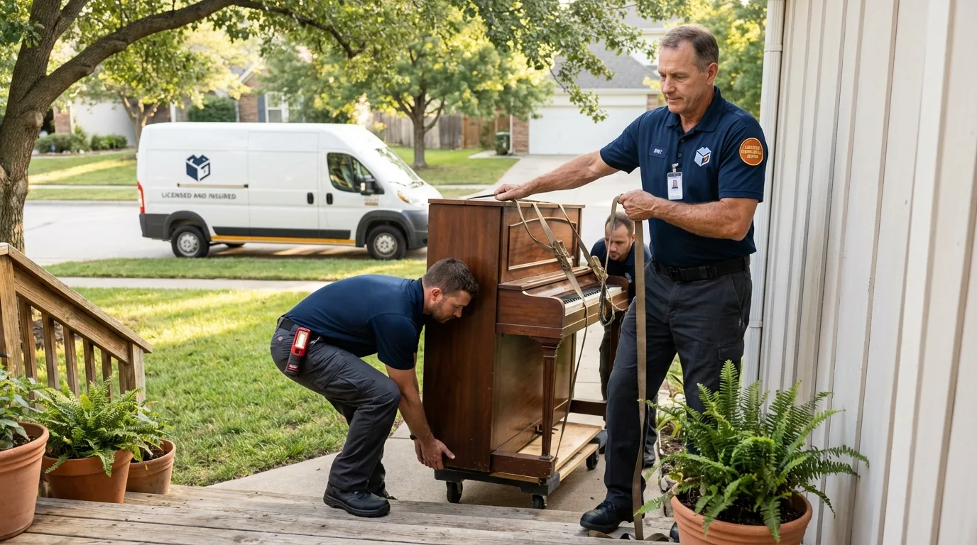 Licensed piano movers securing grand piano in Chelmsford, MA