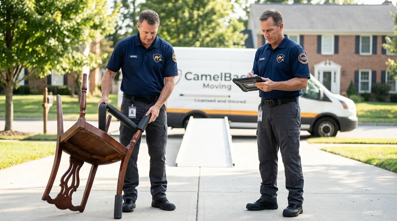 Movers inspecting furniture for damage prevention before loading in Chelmsford, MA