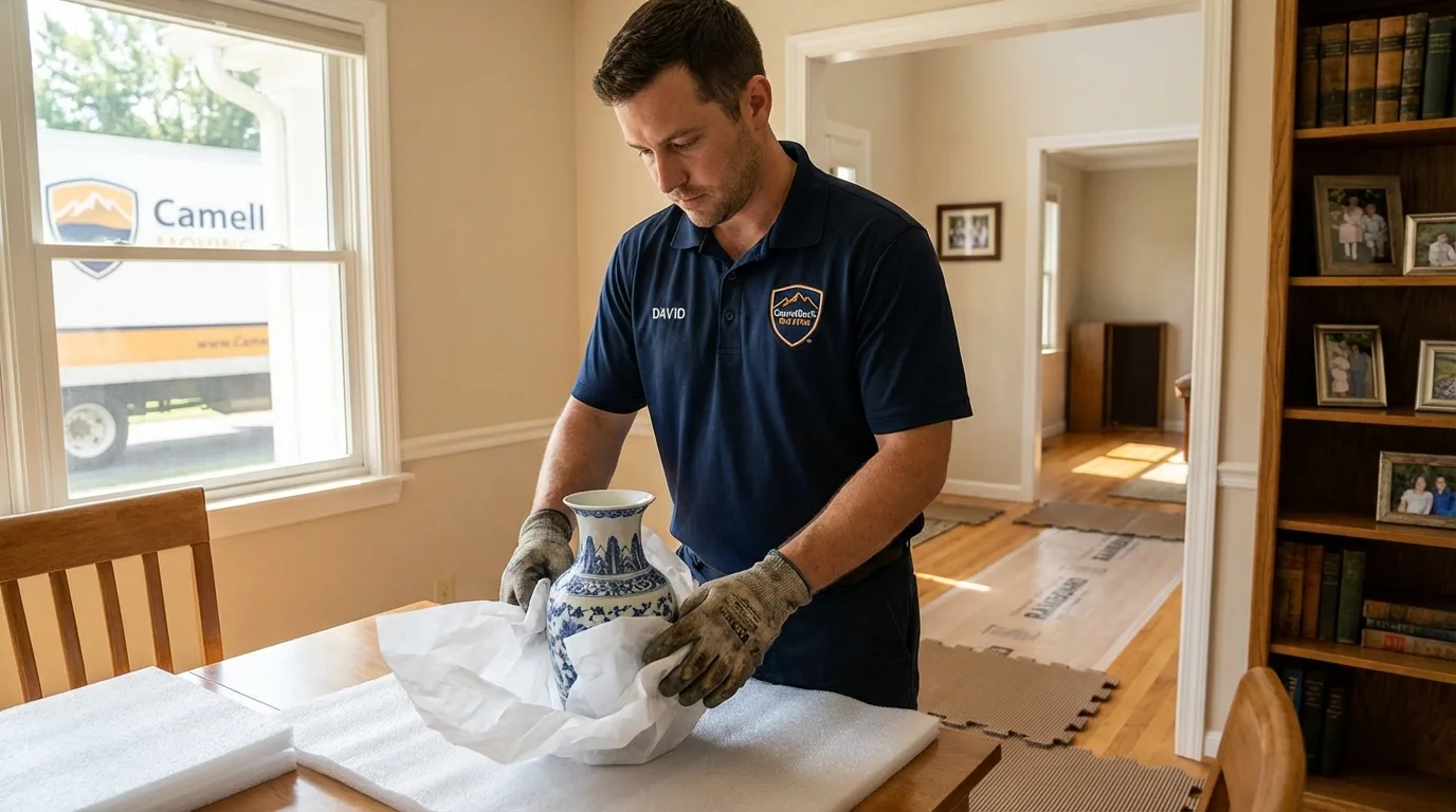 Professional crew carefully wrapping antique vase for senior downsizing move in Chelmsford, MA